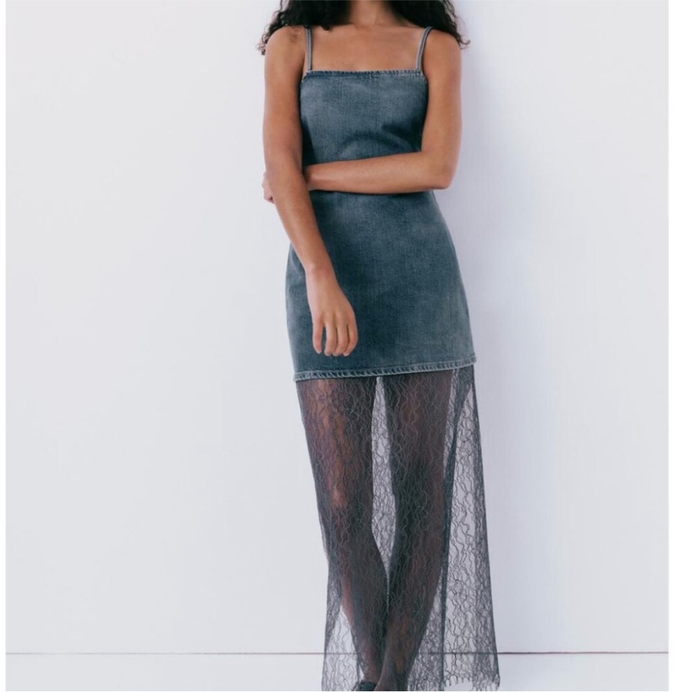 Zara lace trim denim dress